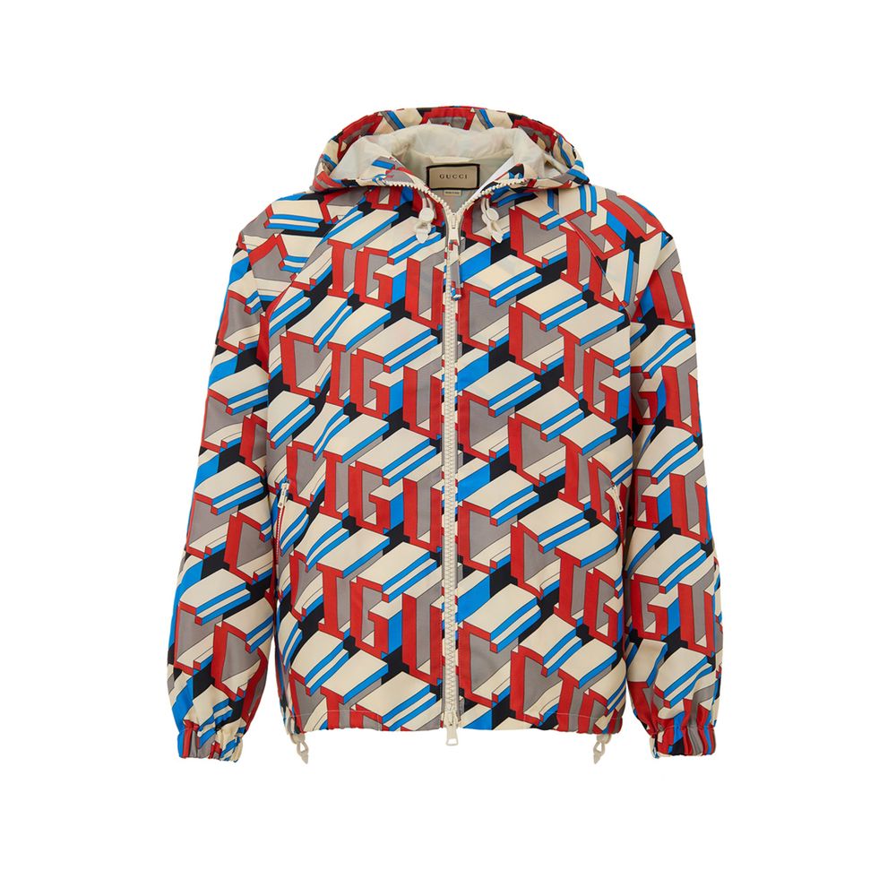 Gucci Multicolor Polyamide Jacket: Geometric Print, Zippered, Hooded, Adjustable Waist