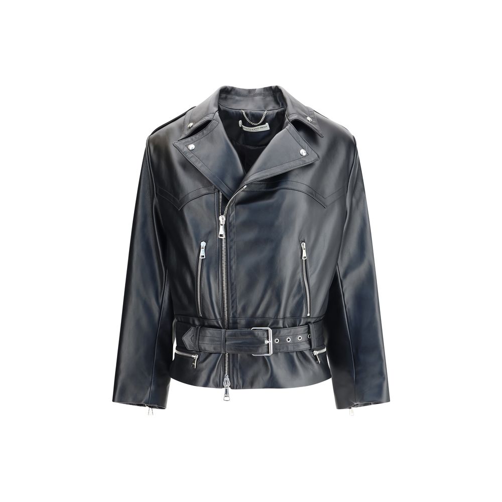 Alessandra Rich Italian Black Leather Biker Jacket with Belt and Zippers