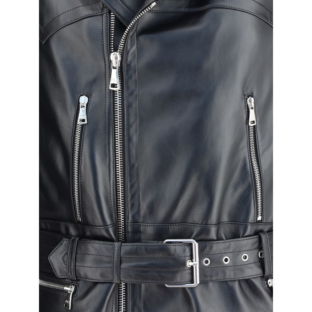 Alessandra Rich Italian Black Leather Biker Jacket with Belt and Zippers